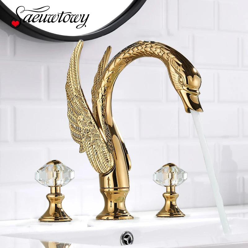 Saeuwtowy Golden Swan Bathroom Faucet With Dual Crystal Handles