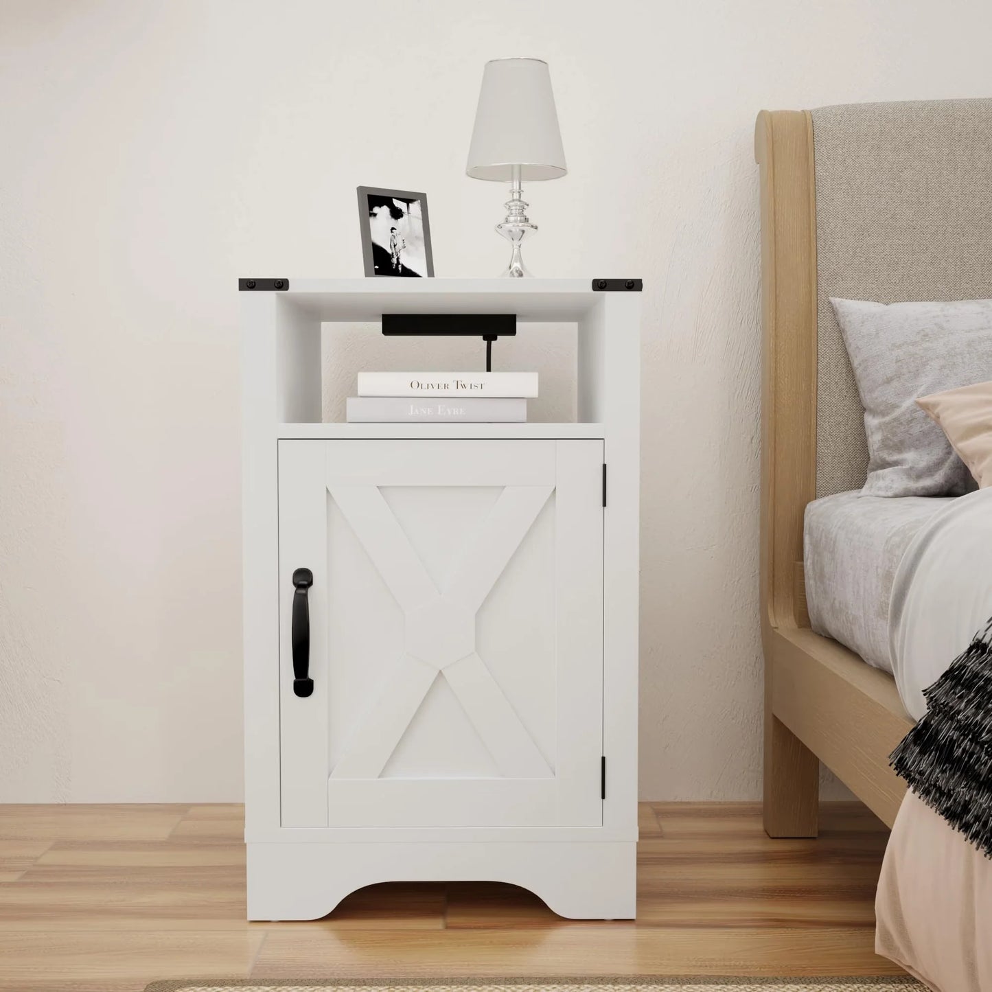 Farmhouse Nightstand With Charging Station And USB Ports