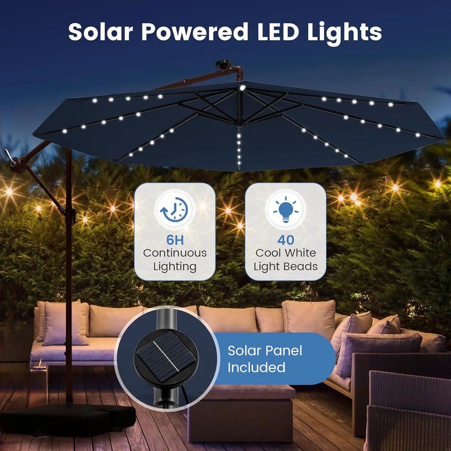 Offset Cantilever Patio Umbrella With Base And Solar LED Lights