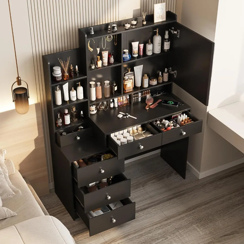 LED Lighted Makeup Vanity Desk With Charging Station And Three Color Lighting