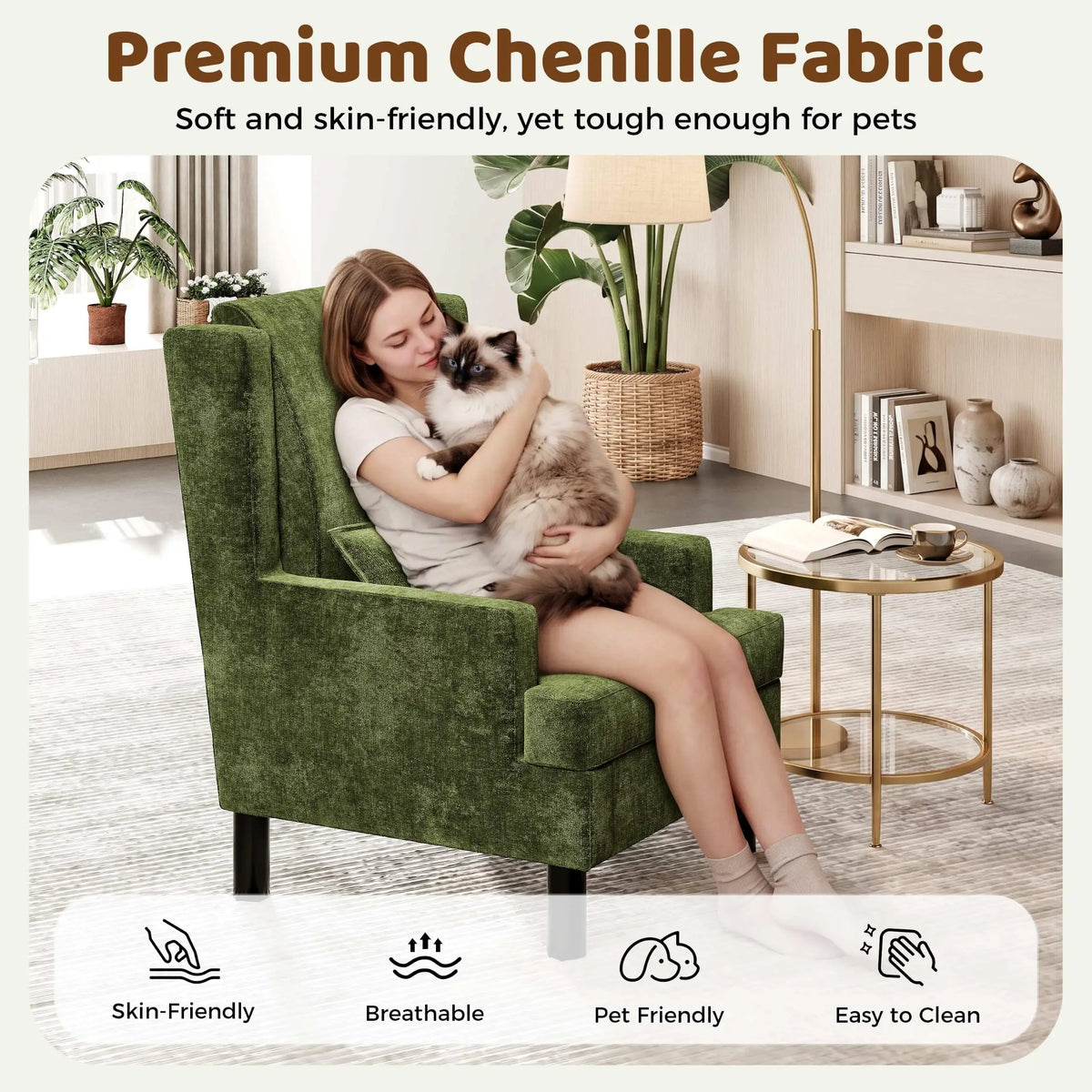 HiMISS Modern Chenille Wingback Accent Chair With Lumbar Pillow