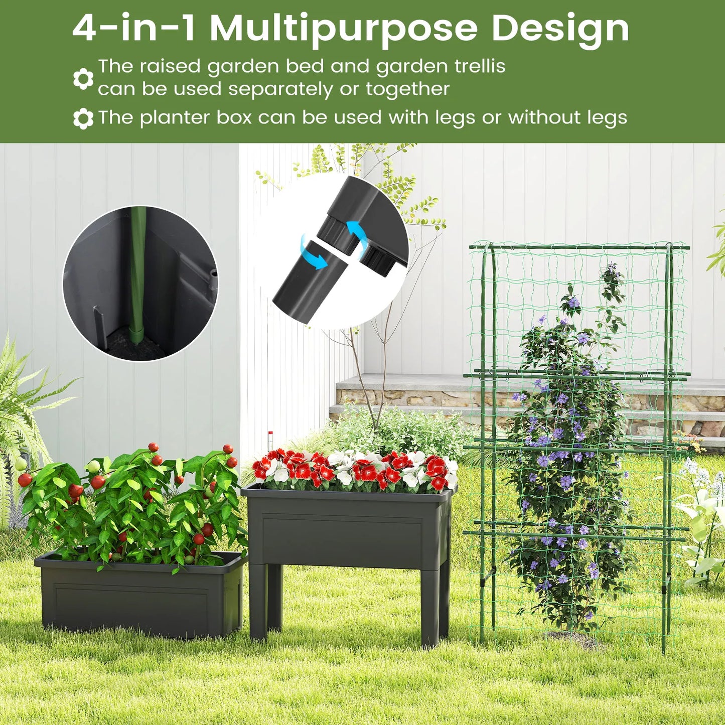 Raised Garden Bed Planter With Climbing Trellis Water Level Indicator