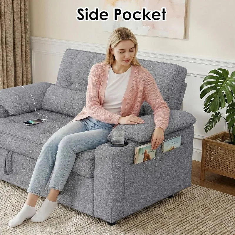 Convertible Sofa Bed With USB Charger And Cup Holders
