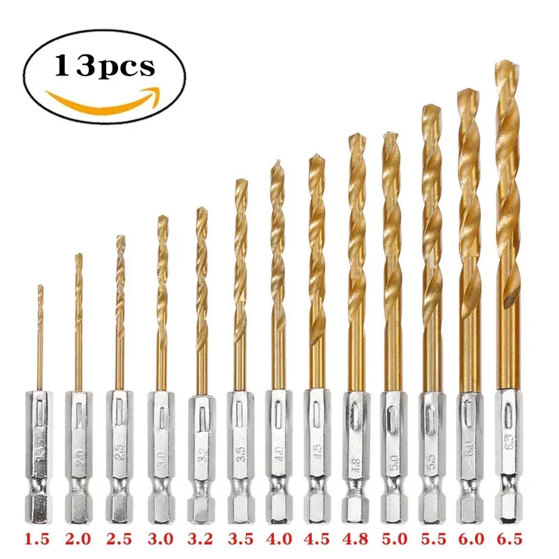 HSS Titanium Coated Drill Bit Set 13 Pieces Hex Shank