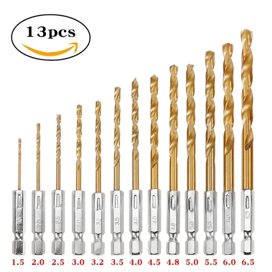 HSS Titanium Coated Drill Bit Set 13 Pieces Hex Shank