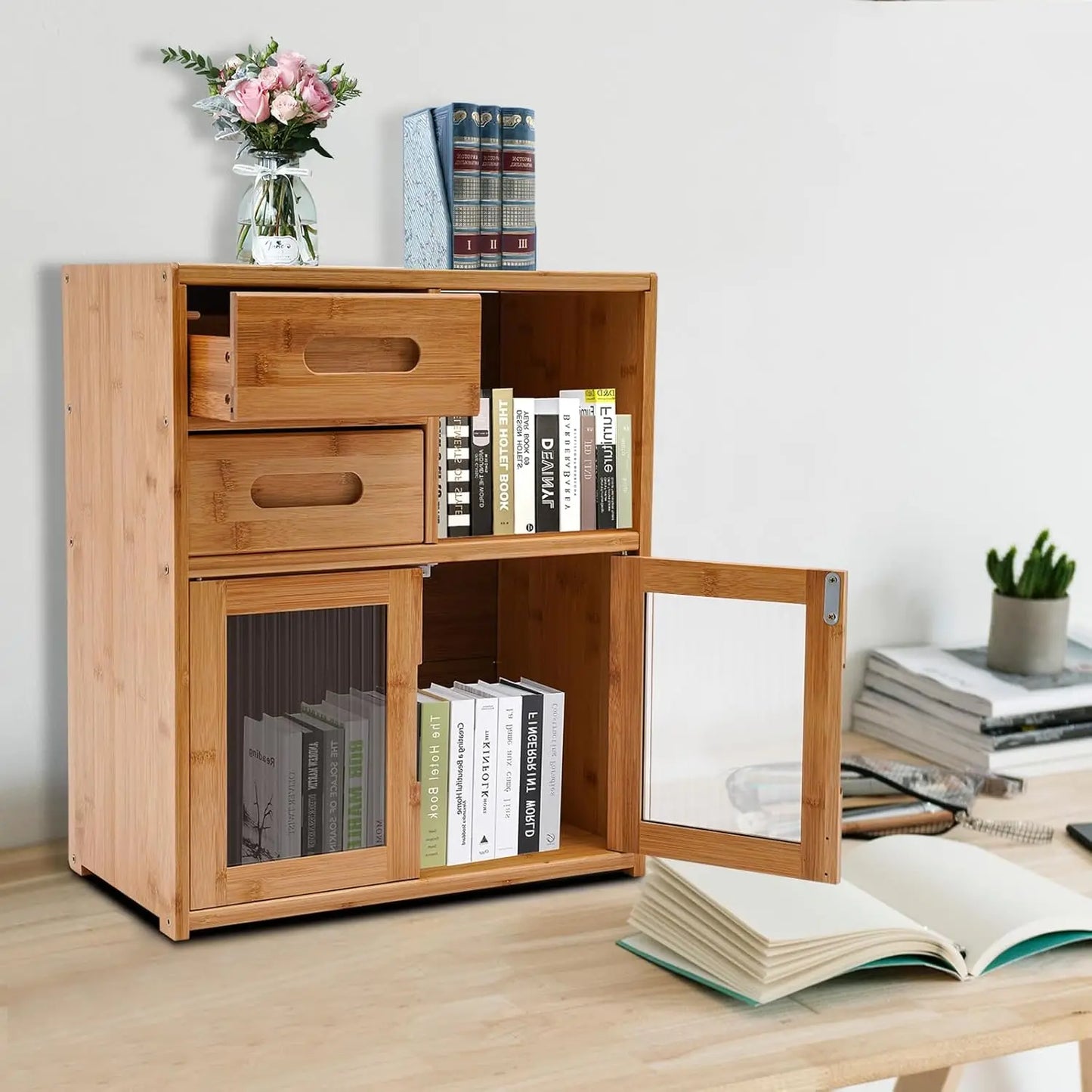Bymaocar Bamboo Kitchen Pantry Cabinet With Bread Box And Drawers