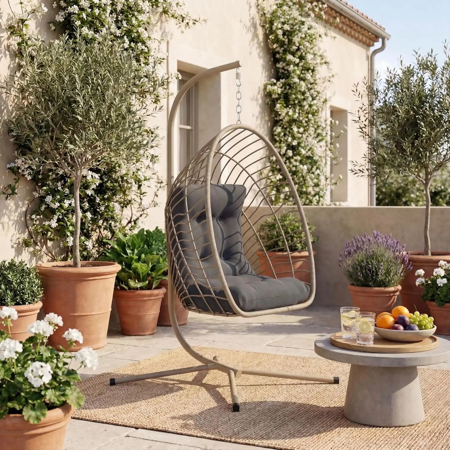 PE Rattan Egg Chair With Stand Heavy Duty Metal Frame