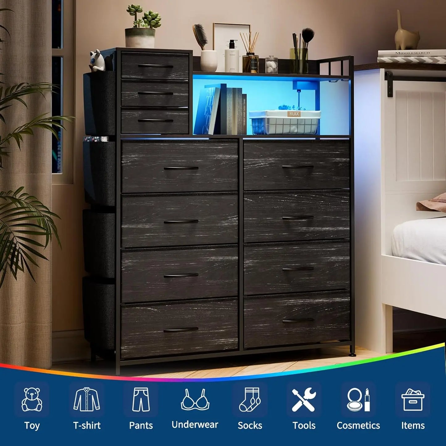 Storage Dresser With Fabric Drawers And LED Charging Station