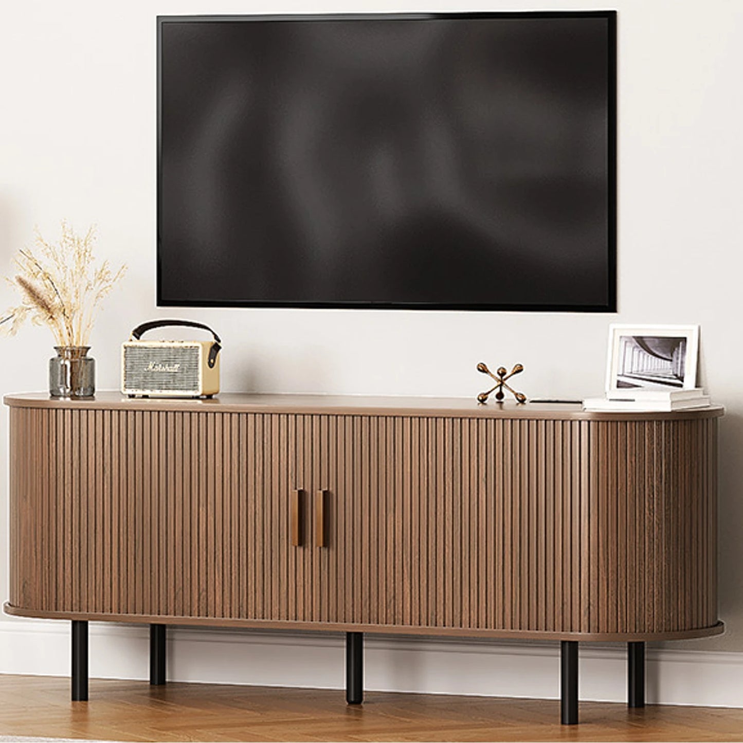 ONBRILL TV Stand With Power Outlet Sliding Doors Storage