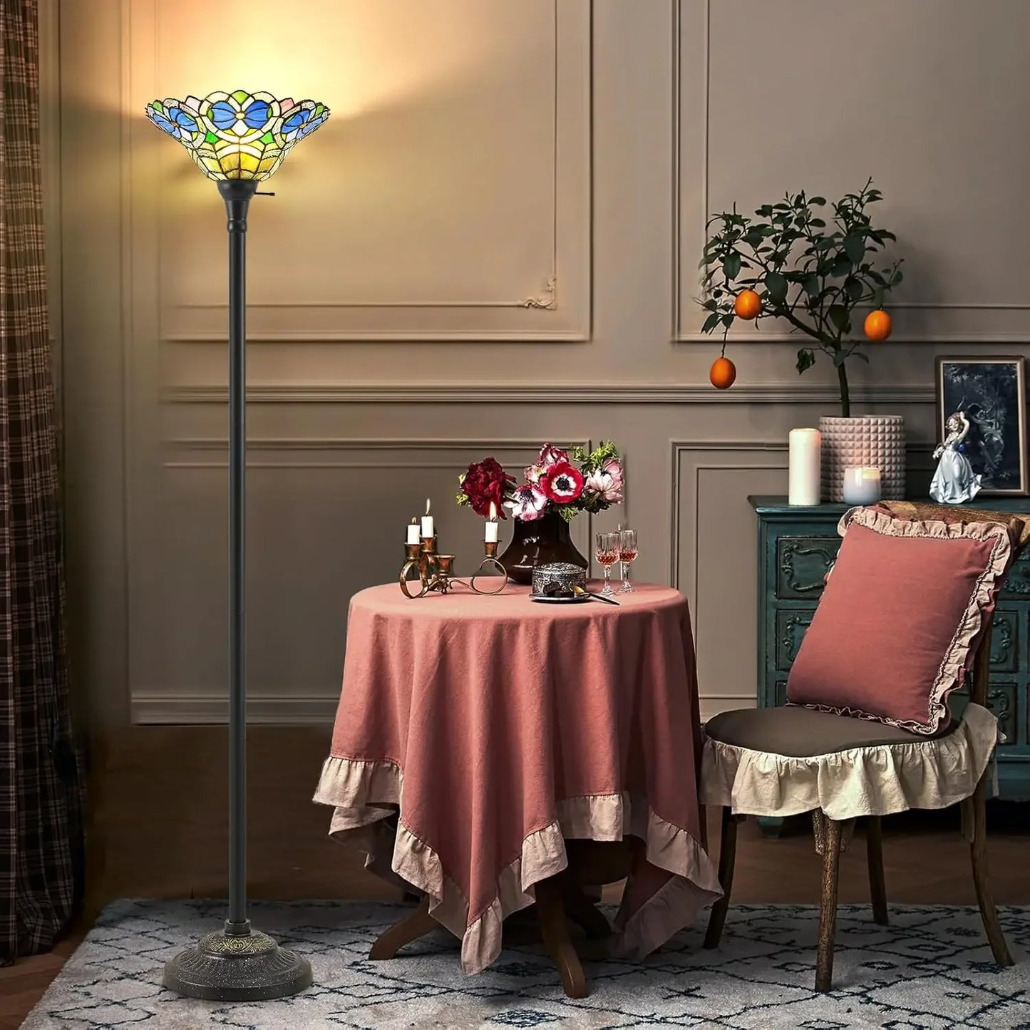 Tiffany Style Torchiere Floor Lamp With Victorian Stained Glass Shade