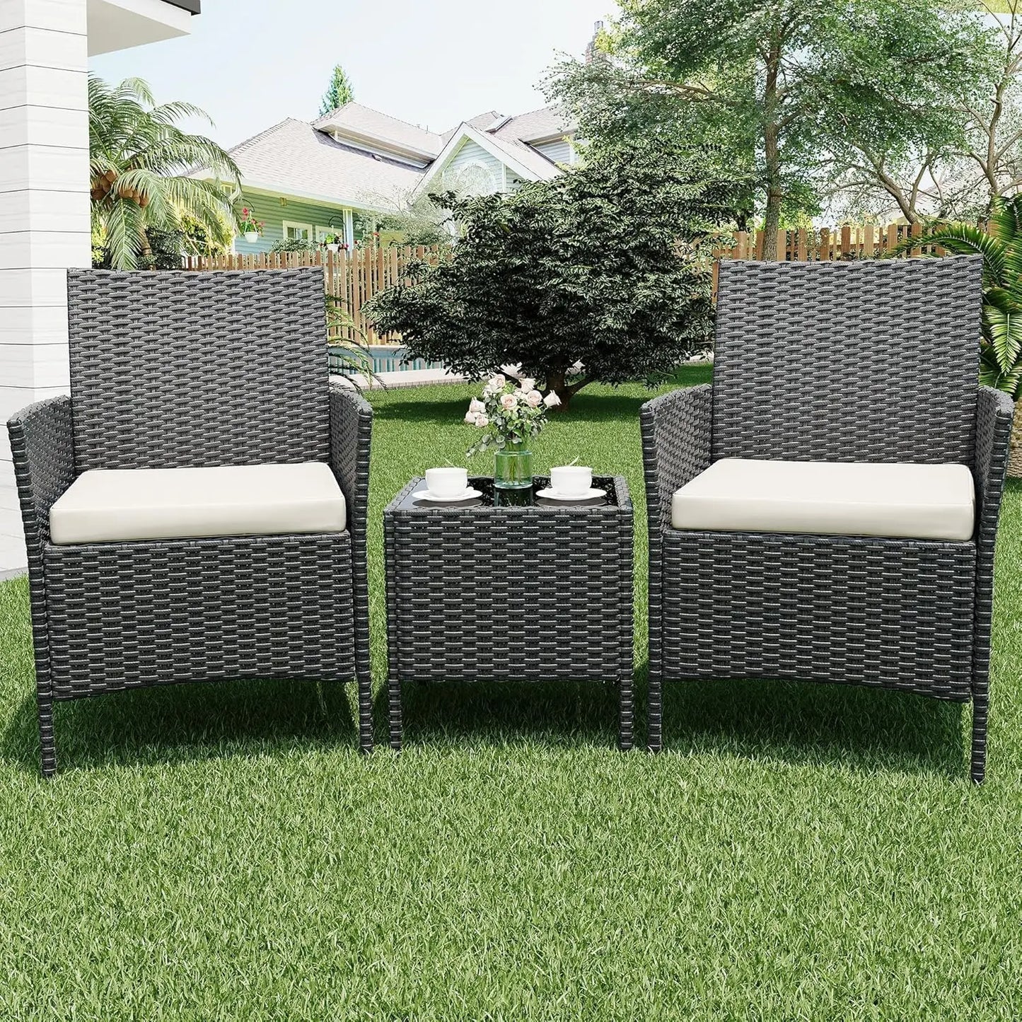 HiMISS Outdoor Patio Furniture Set Rattan Chairs And Glass Table