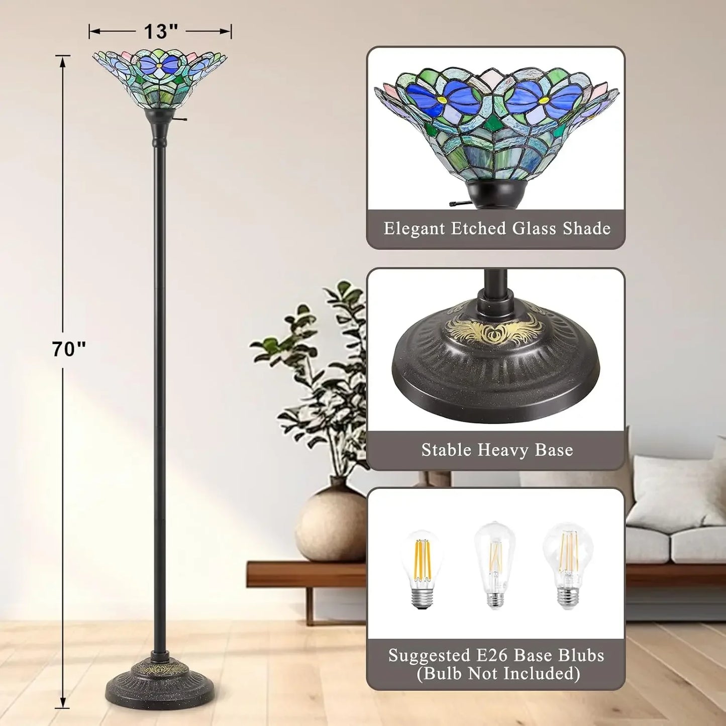 Tiffany Style Torchiere Floor Lamp With Victorian Stained Glass Shade