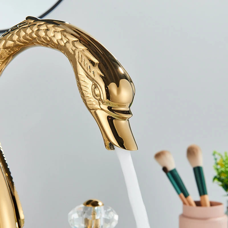 Saeuwtowy Golden Swan Bathroom Faucet With Dual Crystal Handles