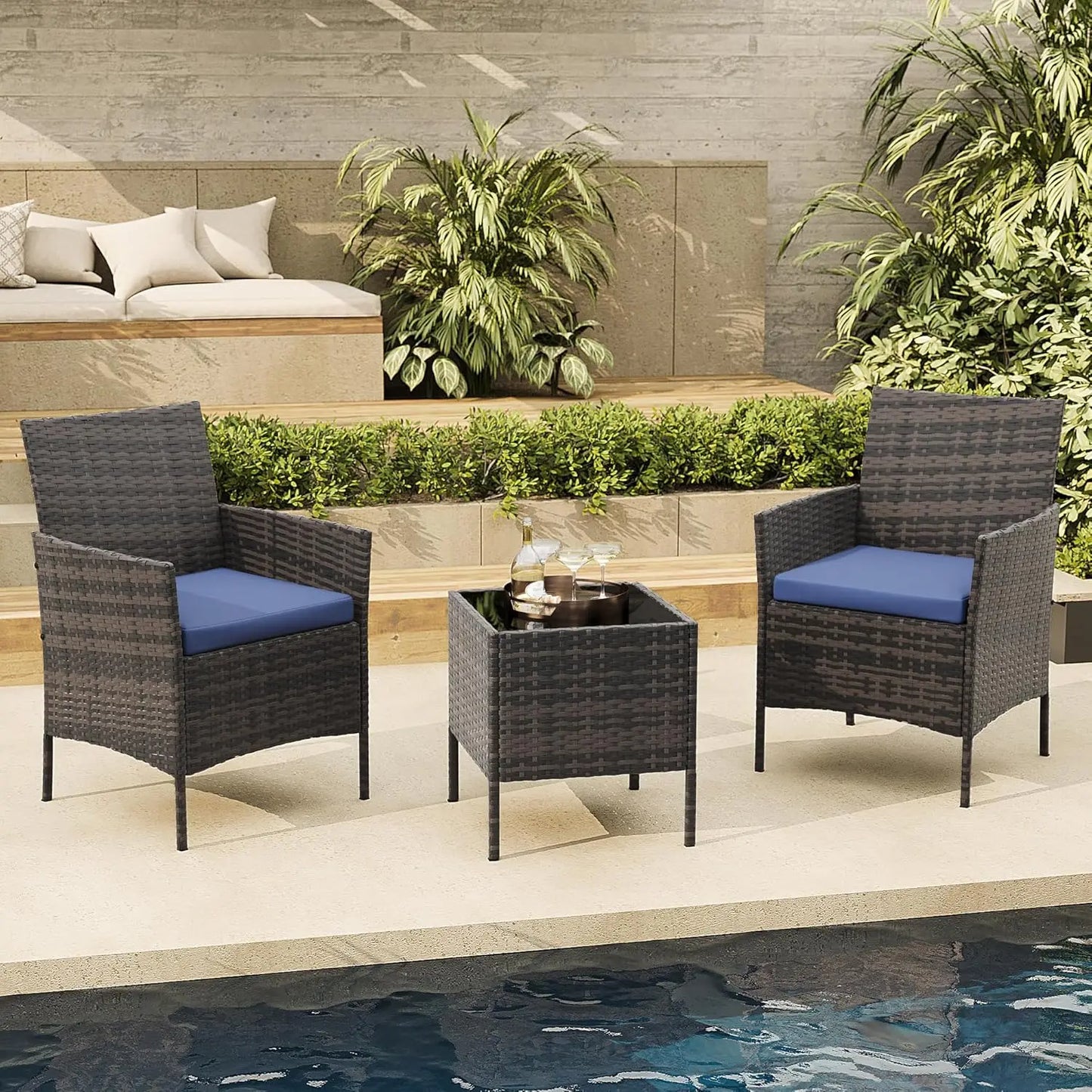 HiMISS Outdoor Patio Furniture Set Rattan Chairs And Glass Table