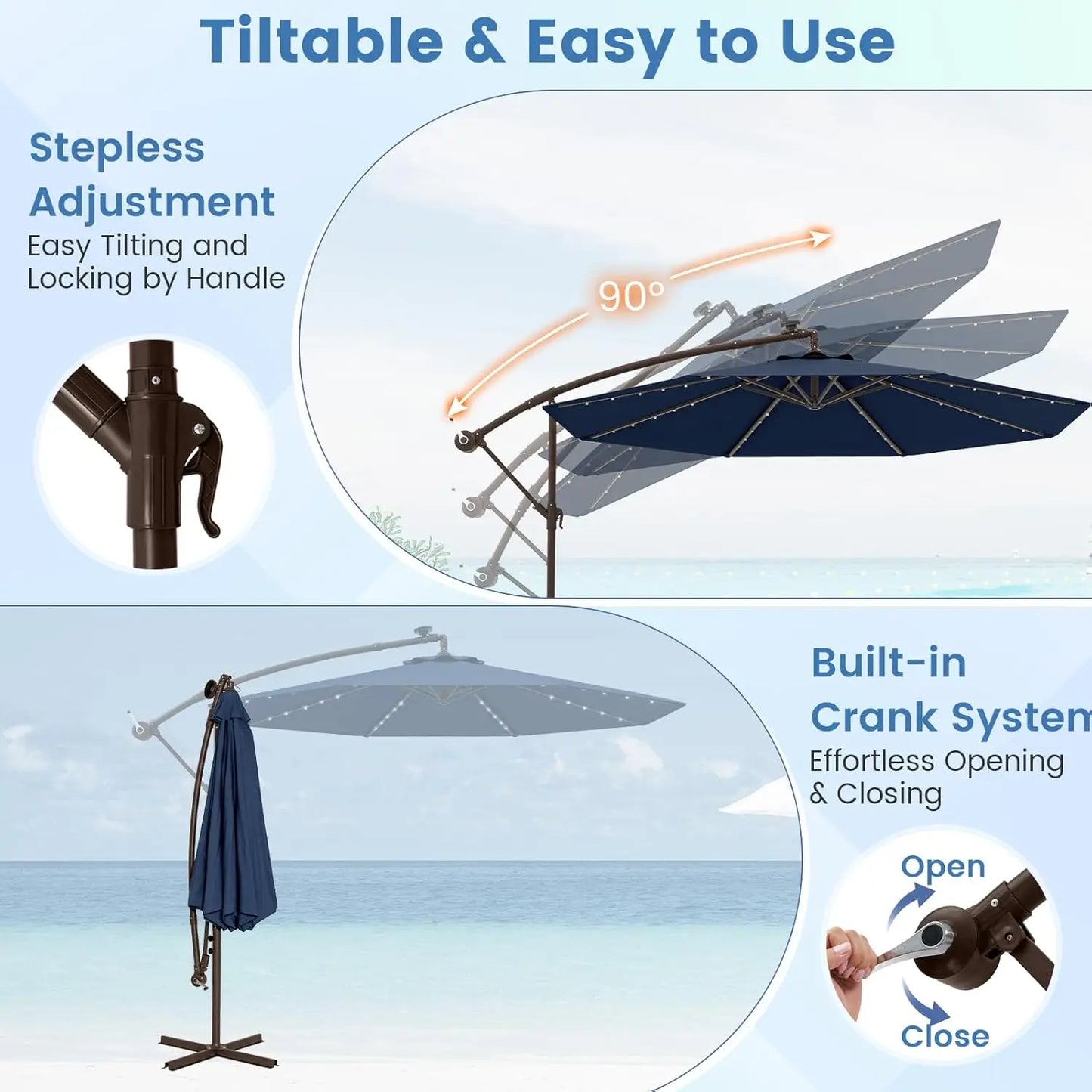 Offset Cantilever Patio Umbrella With Base And Solar LED Lights