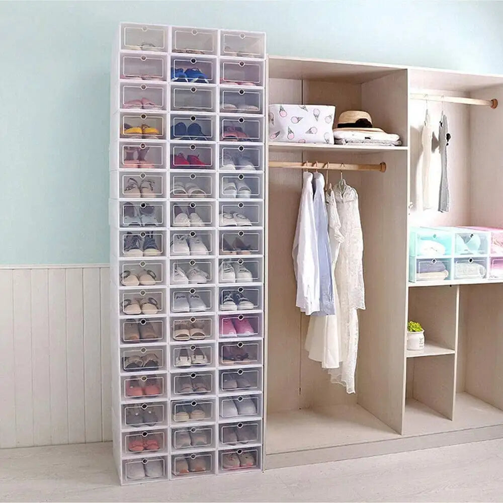 Foldable Flip Shoe Boxes Set Clear Plastic Stackable