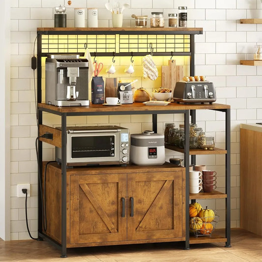 Bakers Rack With Power Outlet LED Light And Storage Cabinet