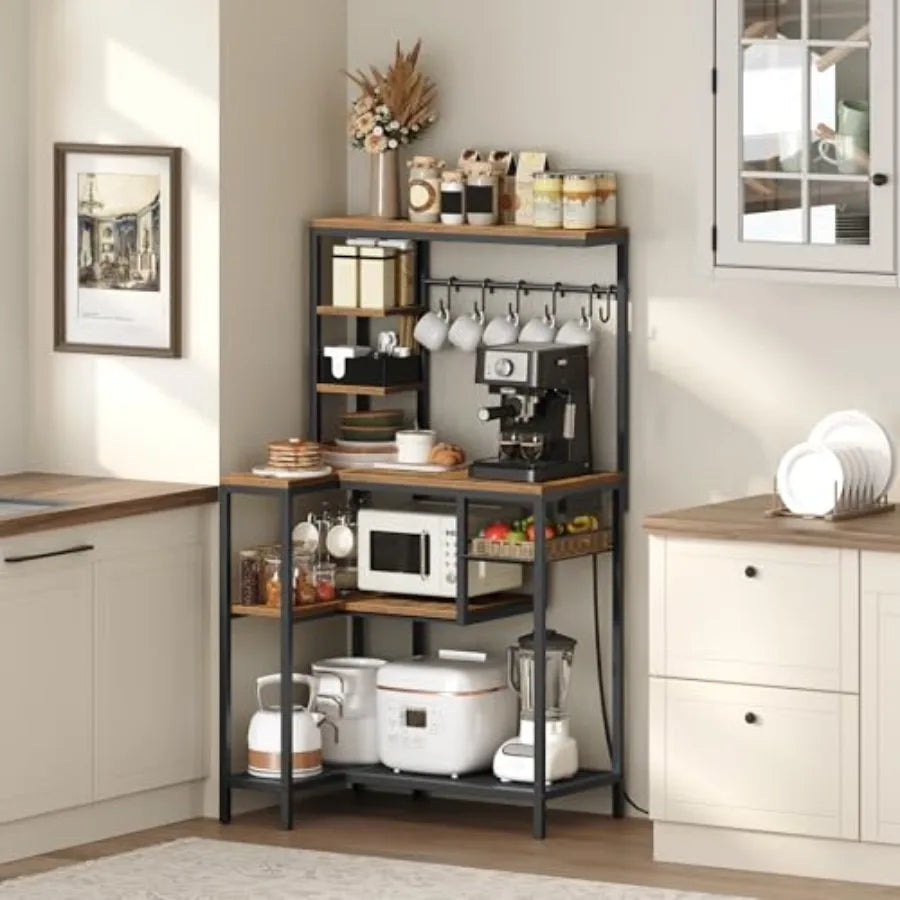 Coffee Bar Bakers Rack With Microwave Stand Power Outlet Wire Basket Hooks