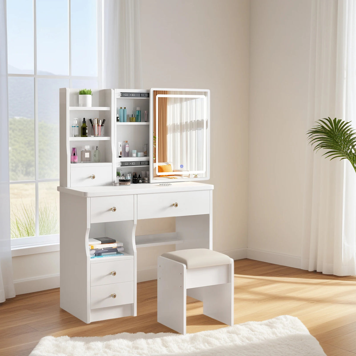 Makeup Vanity Desk With Sliding Mirror, Lights, Drawers And Stool