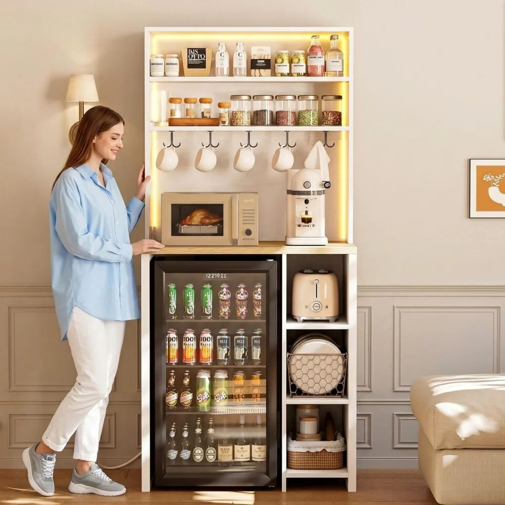 7-Tier Kitchen Microwave Stand With Mini Fridge And LED Lights