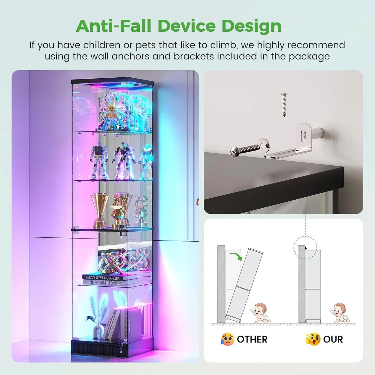 Glass Display Cabinet With RGB Lighting And Lockable Tempered Doors