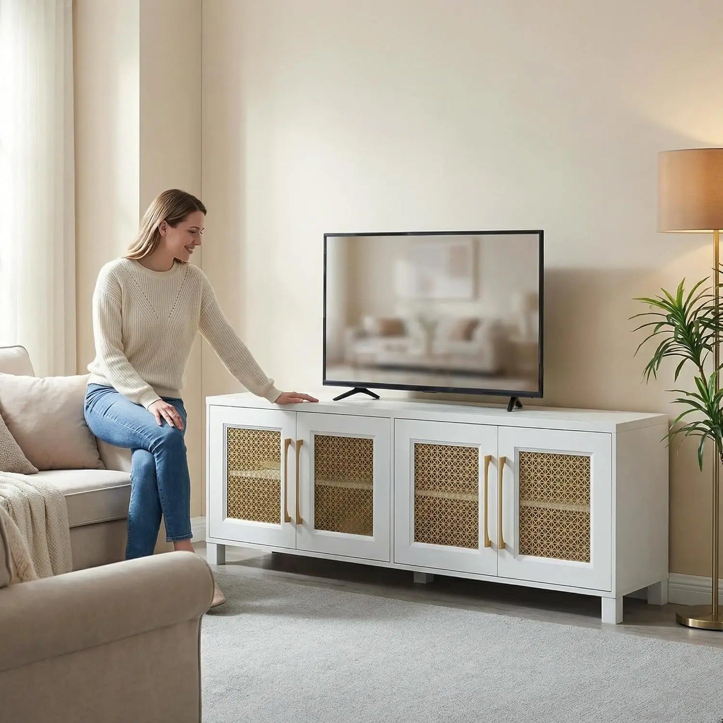 Boho TV Stand Media Console With Gold Mesh Doors Modern