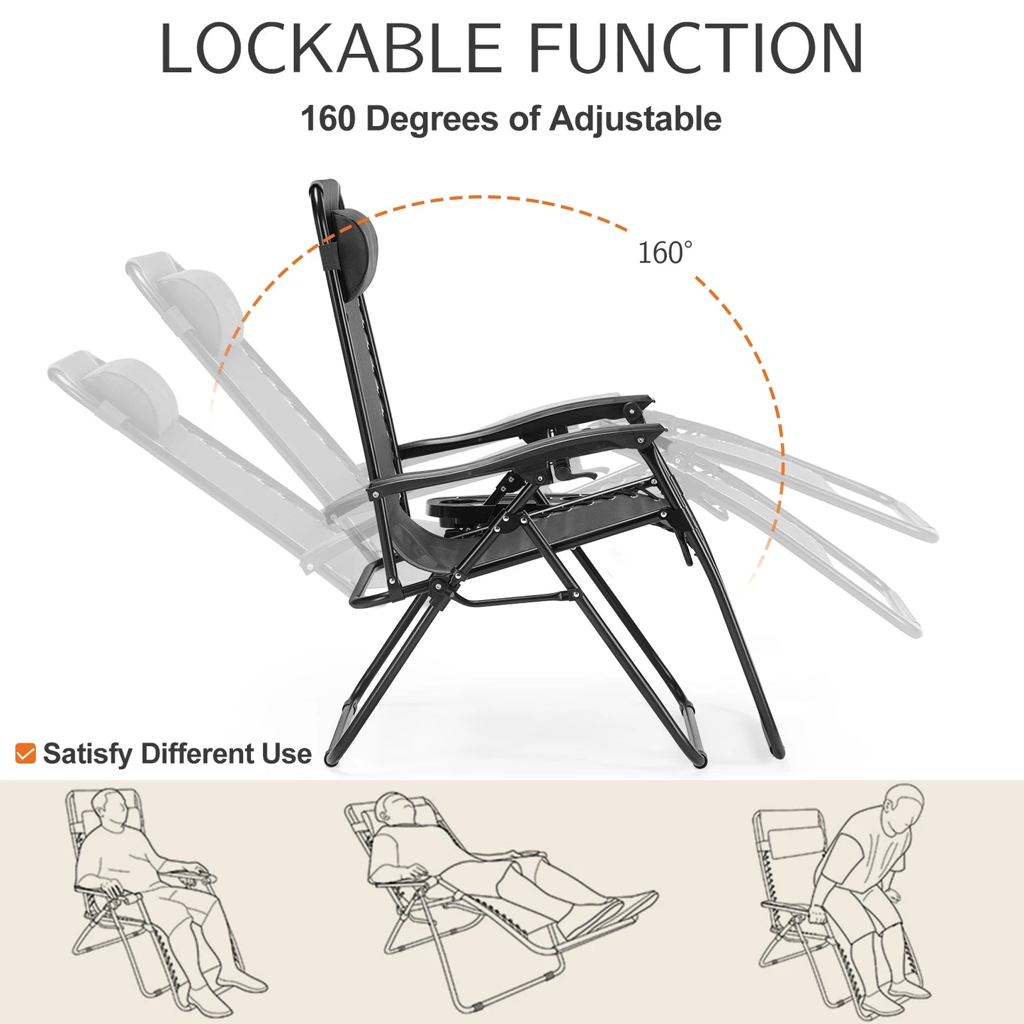 JHK Zero Gravity Portable Recliner Chair With Cup Holder Trays And Pillow