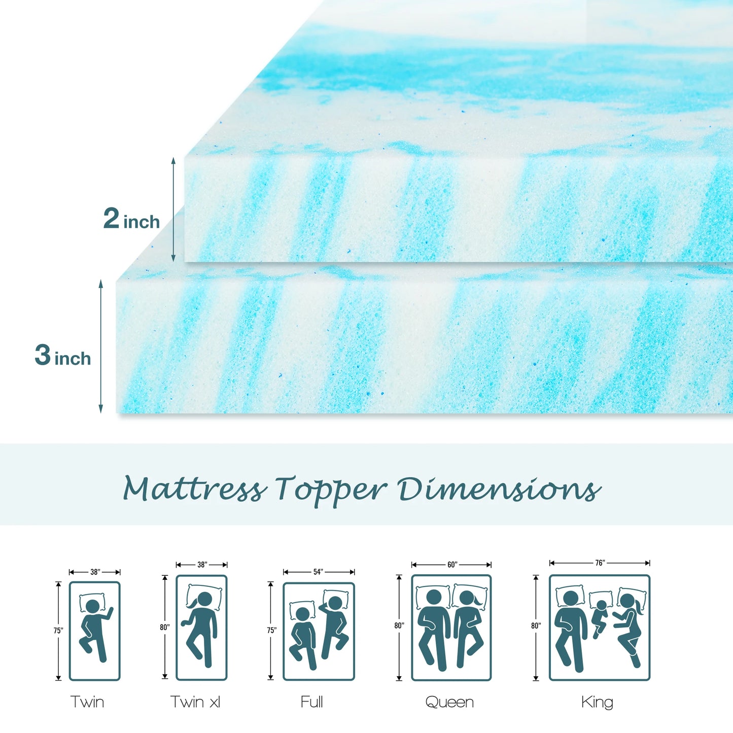 JHK Gel Memory Foam Mattress Topper With Cooling CertiPUR US