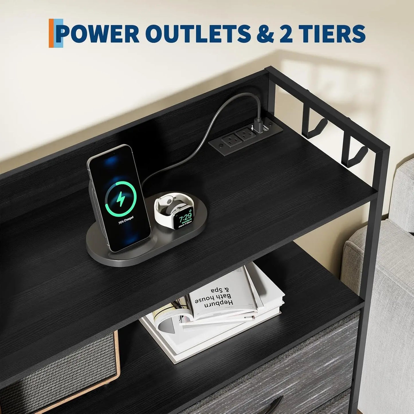Storage Dresser With Fabric Drawers And LED Charging Station
