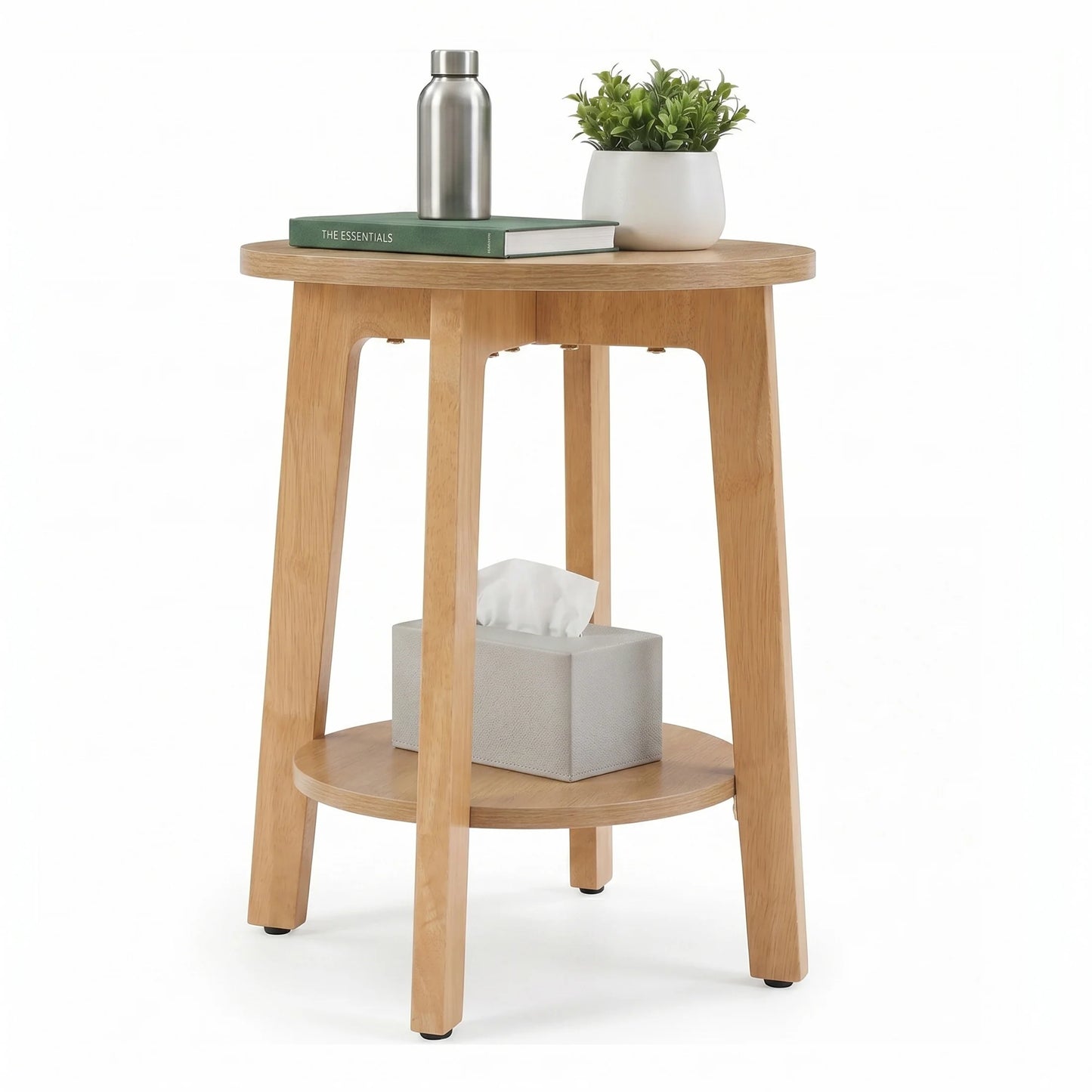 JHK Wood Round Side Tables Two Tier With Storage Shelf