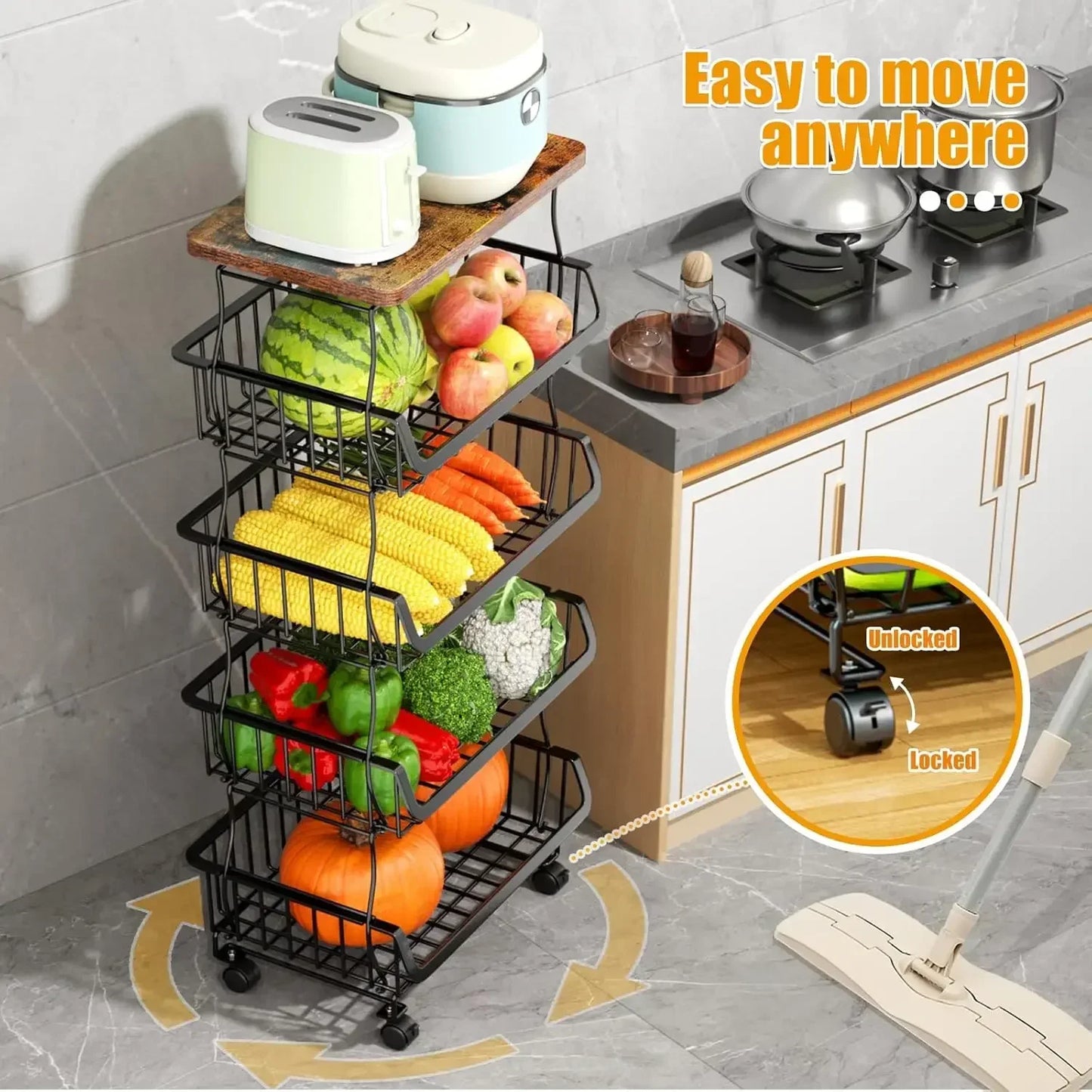 Five-Tier Stackable Fruit and Vegetable Storage Baskets With Wheels