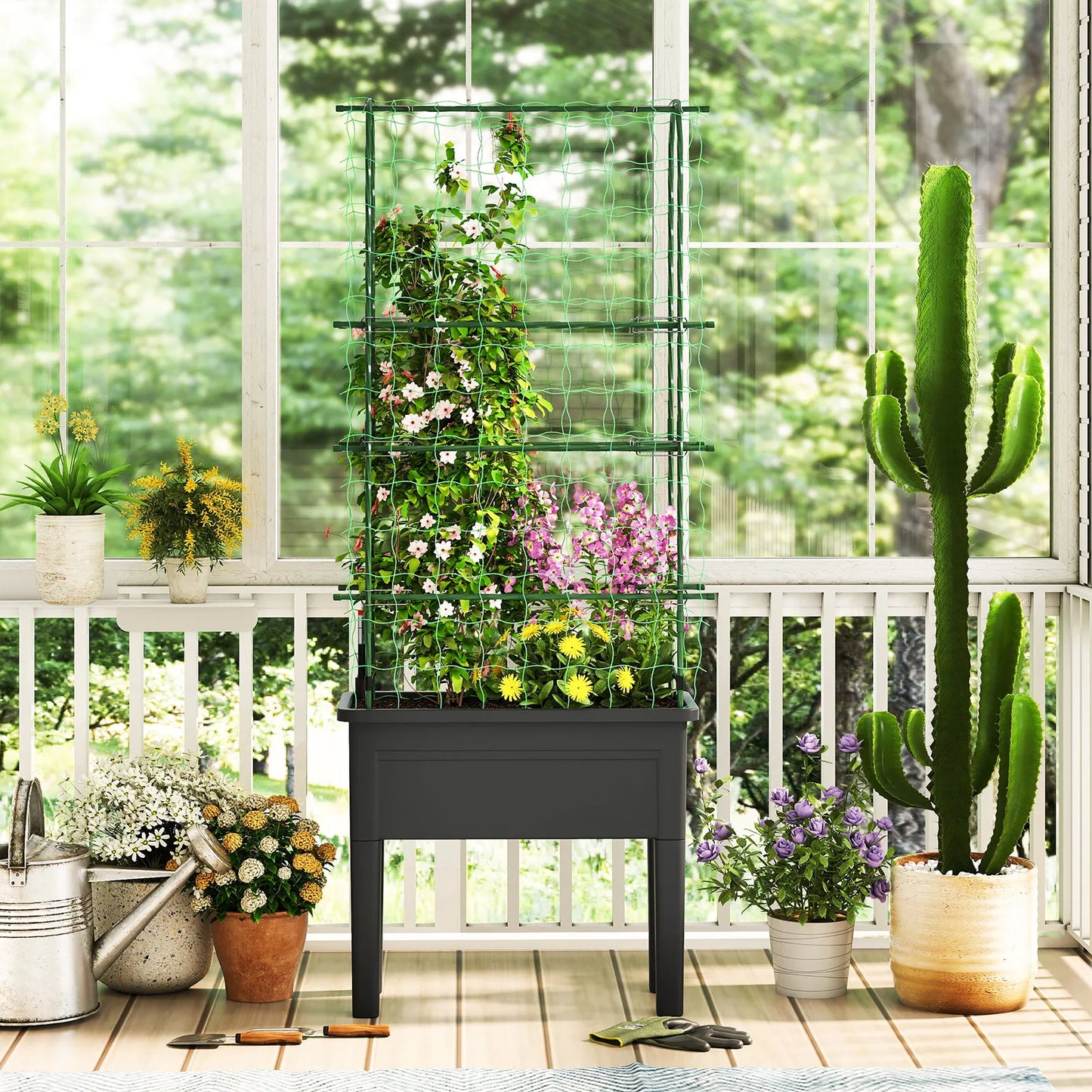 Raised Garden Bed Planter With Climbing Trellis Water Level Indicator