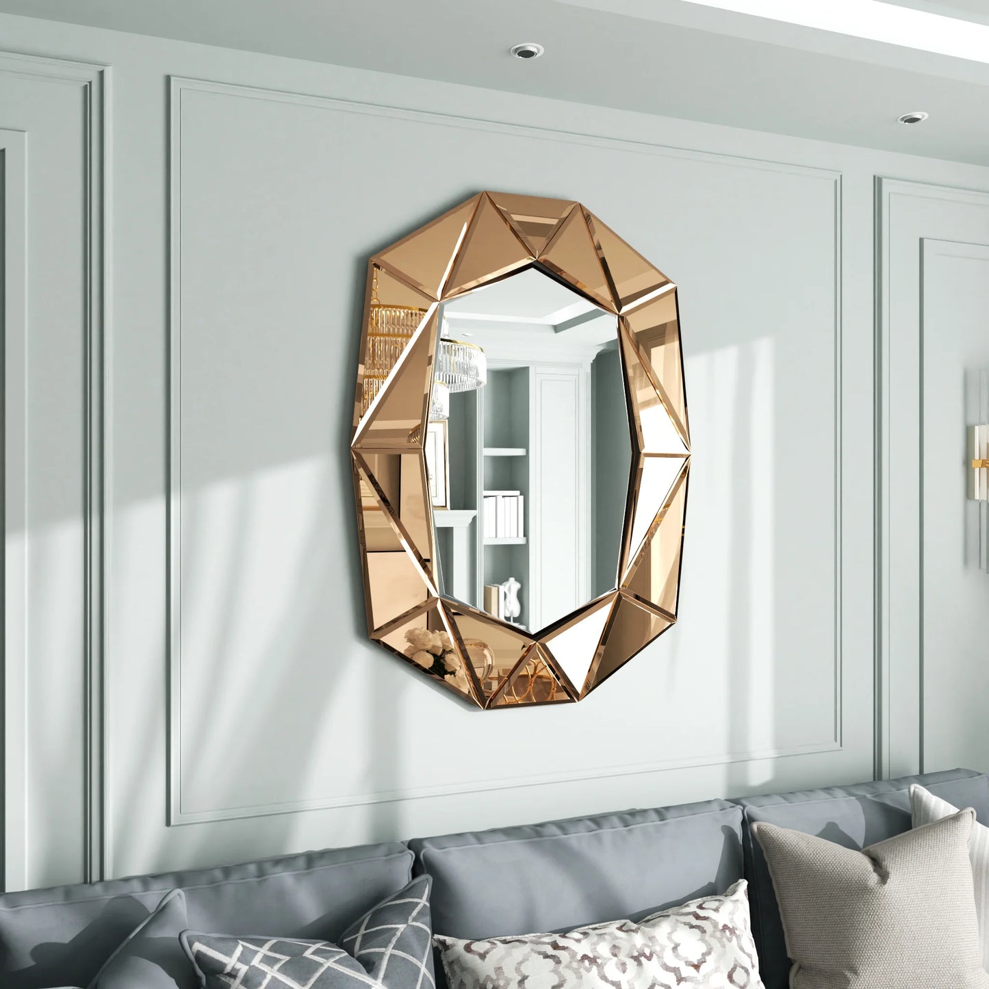 Wisfor Irregular Silver Glass Wall Mirror With Beveled Diamond Edge Living Room