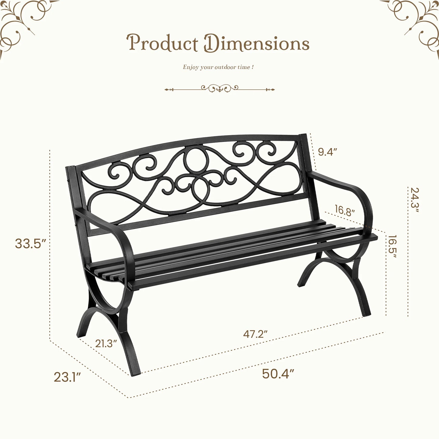 JHK Outdoor Metal Garden Bench With Decorative Scroll Backrest