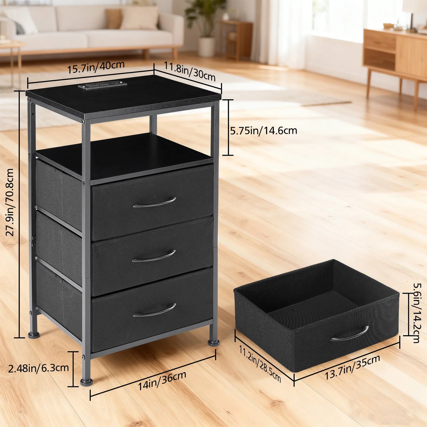JHK Three-Drawer Fabric Cabinet Bedside Table With USB Type-C Ports