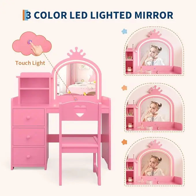 HiMISS Kids Vanity With Lights 2 In 1 MakeupSet Desk