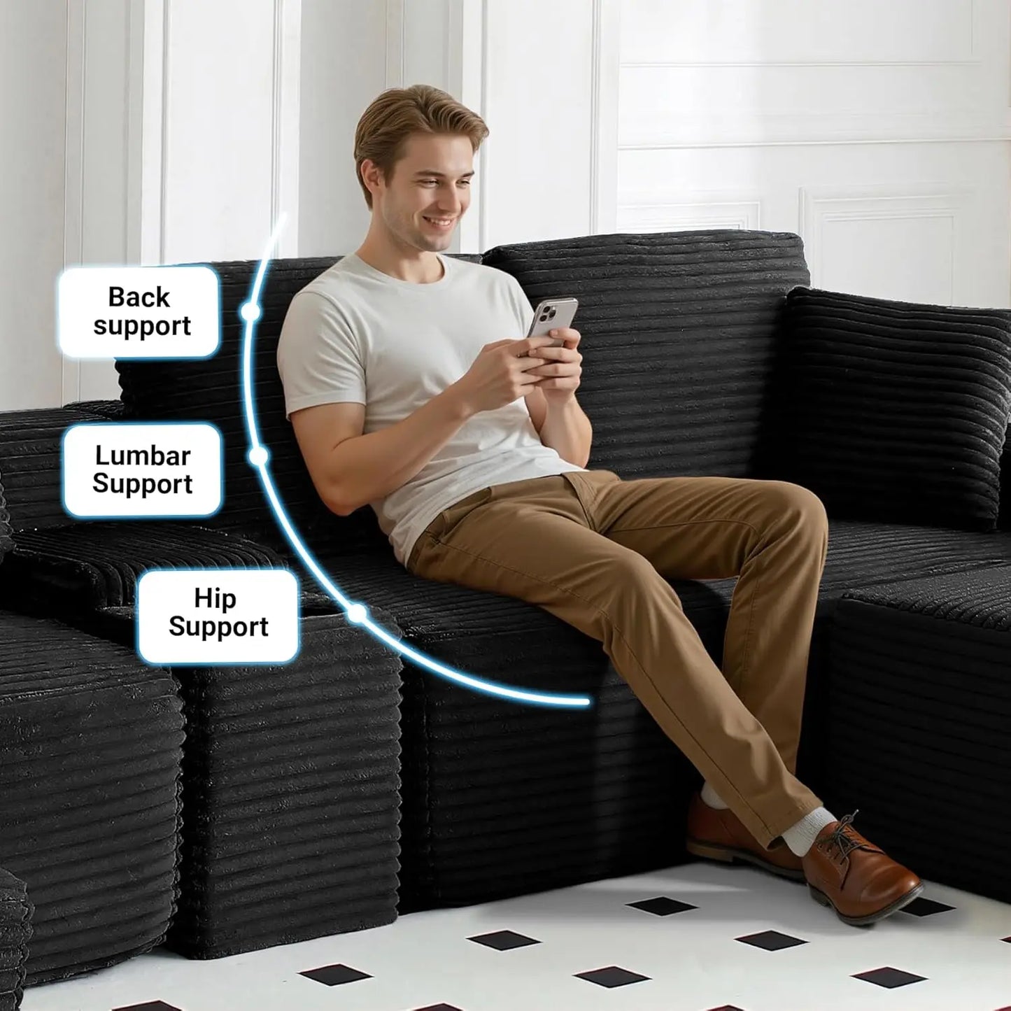 Modular L-Shaped Sectional Sofa With USB Ports Corduroy