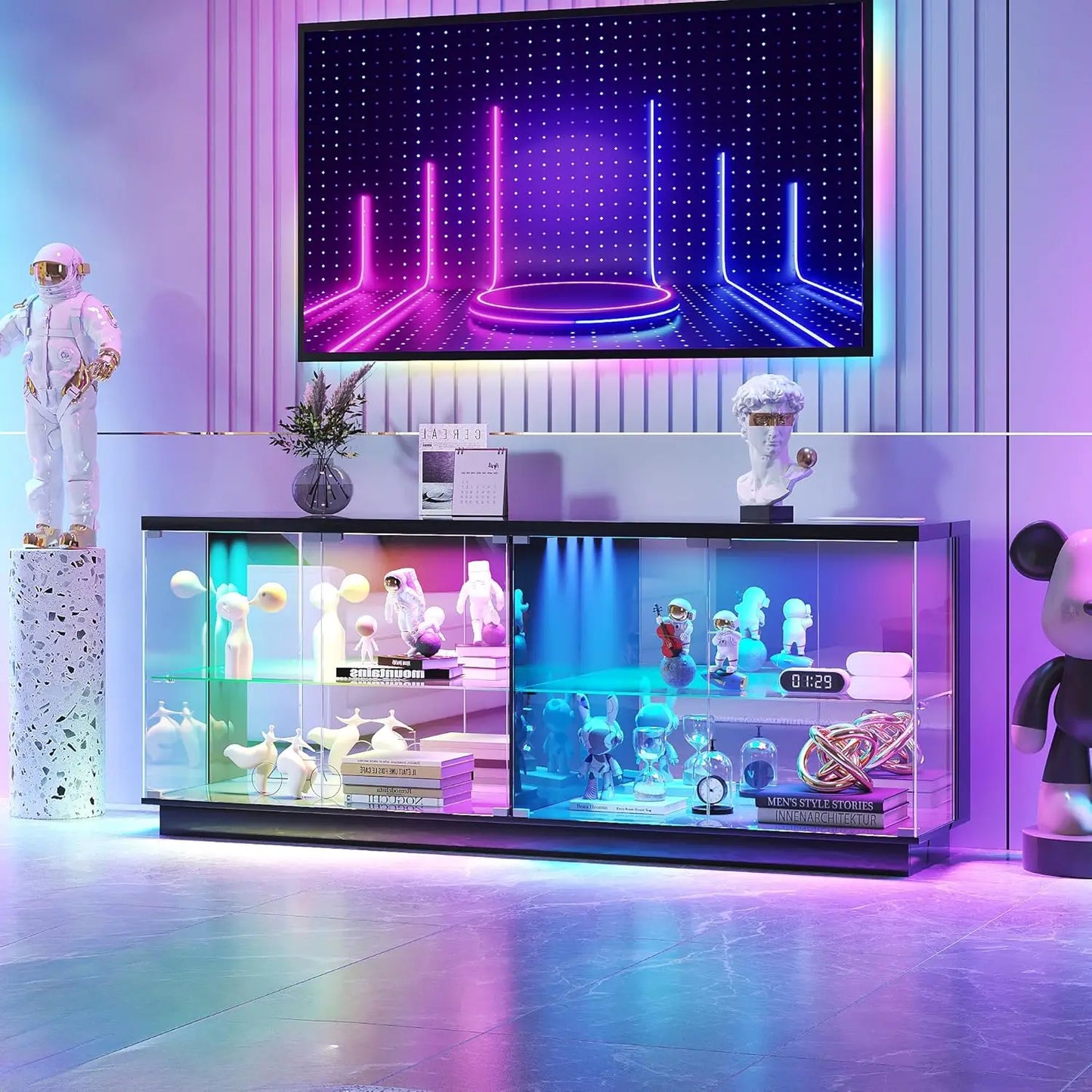 Glass Display Cabinet With RGB Lighting And Lockable Tempered Doors