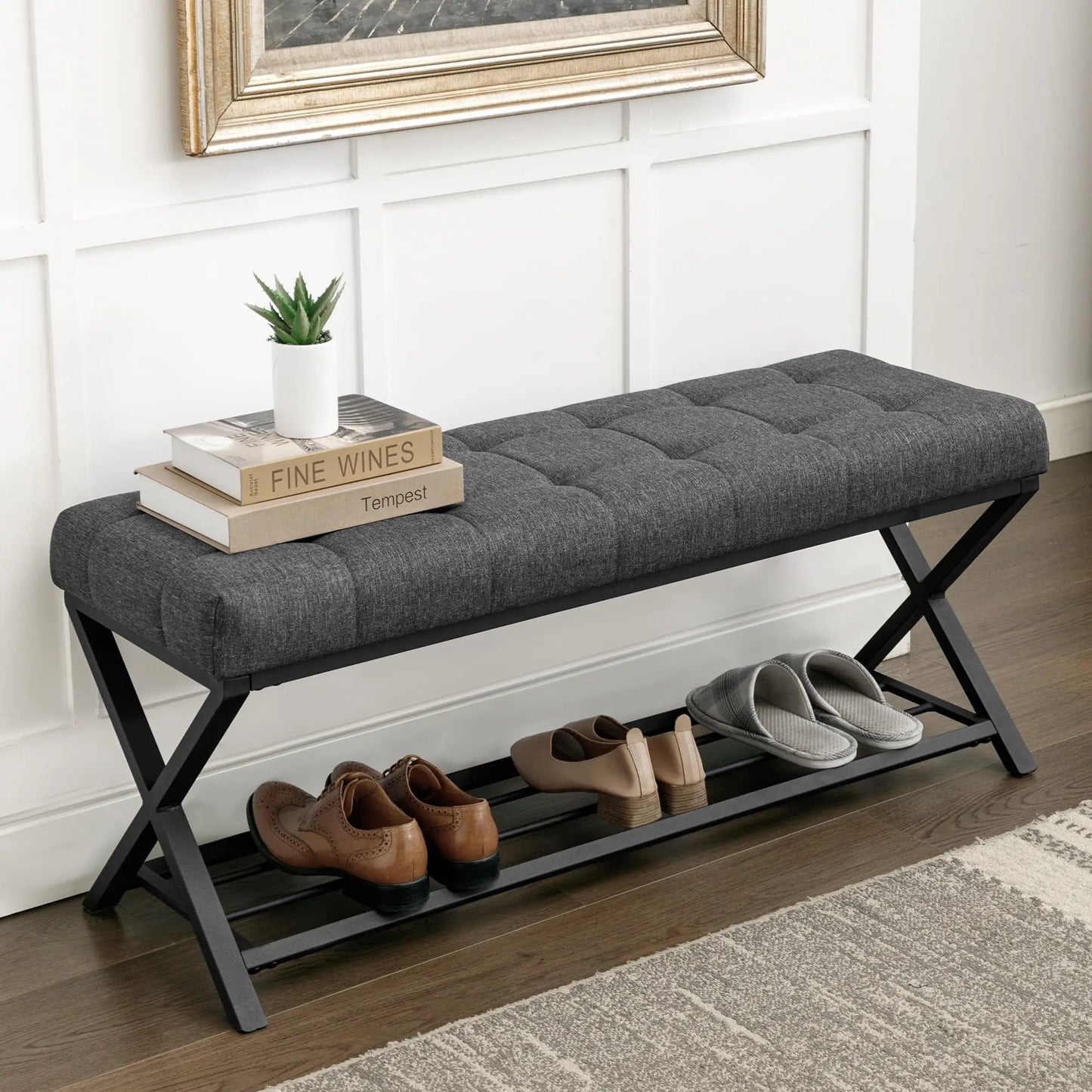 Tufted Upholstered Shoe Bench With Storage Shelf And Metal Legs