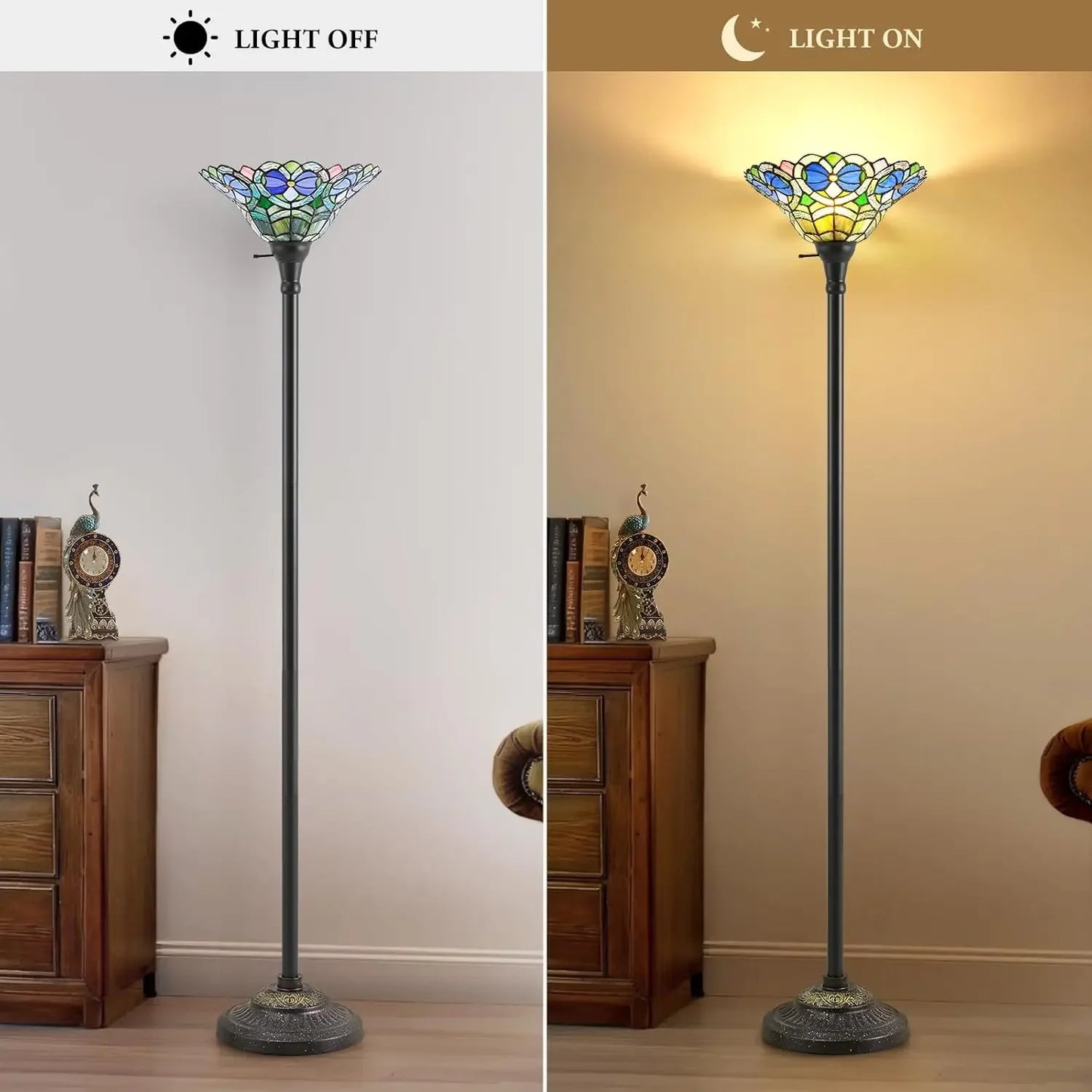 Tiffany Style Torchiere Floor Lamp With Victorian Stained Glass Shade
