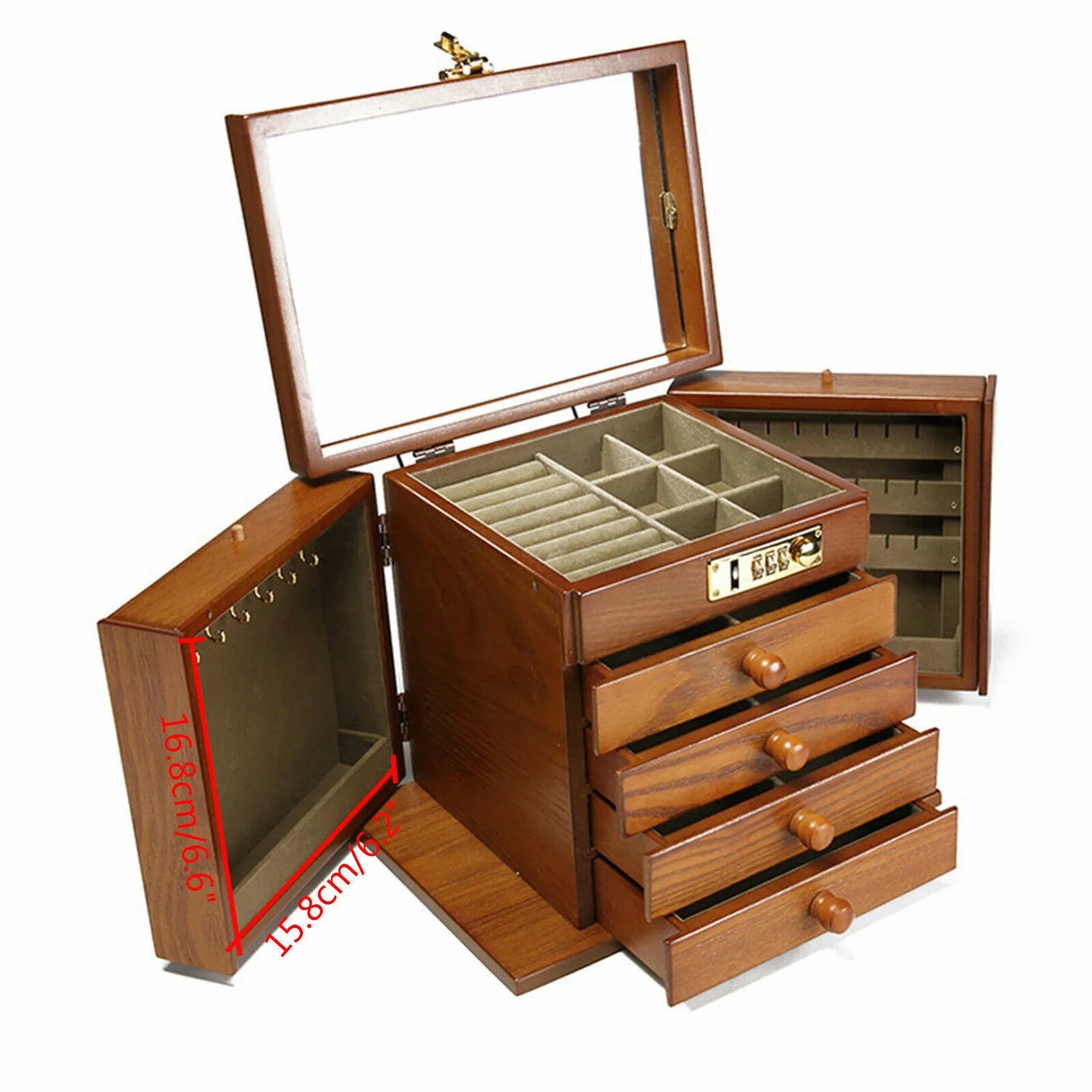 Wooden Jewelry Box With Mirror Password Lock Four Layer Organizer