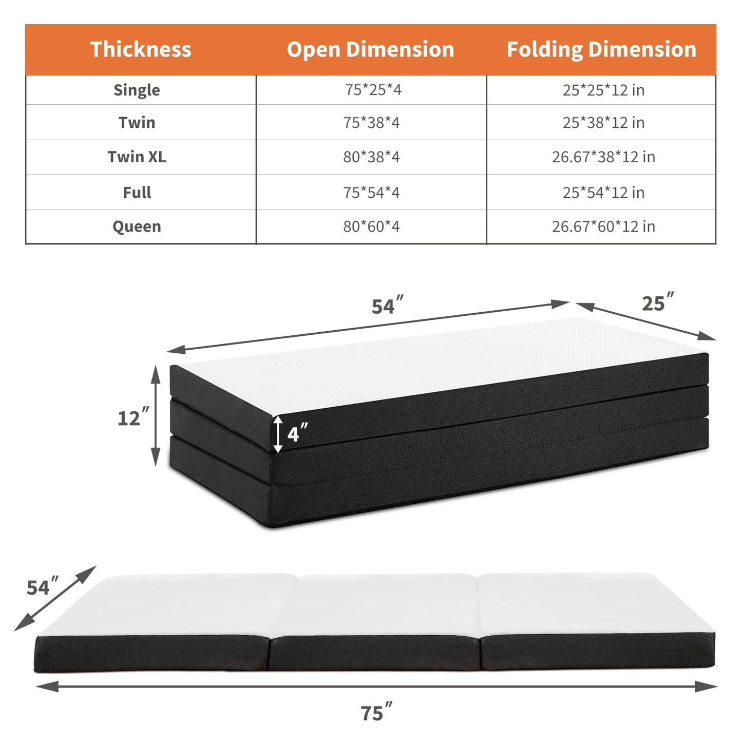 MCQ Foldable Tri-fold Mattress With CertiPUR-US Certified Comfort Washable Cover
