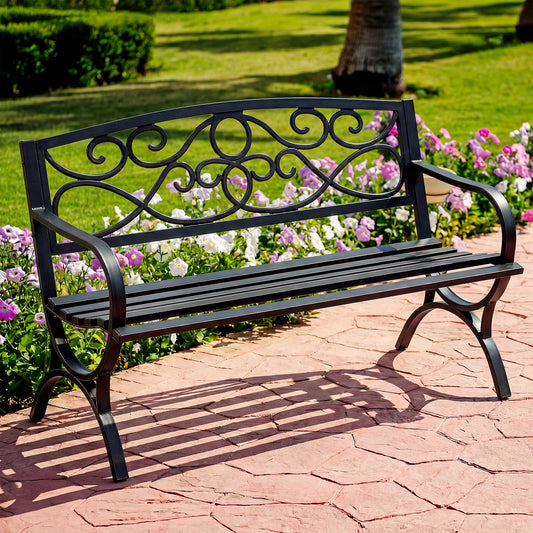 JHK Outdoor Metal Garden Bench With Decorative Scroll Backrest