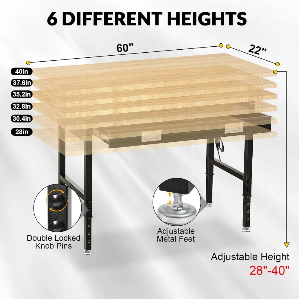 Heavy Duty Adjustable Workbench With Drawers, Power Outlet And Pegboard