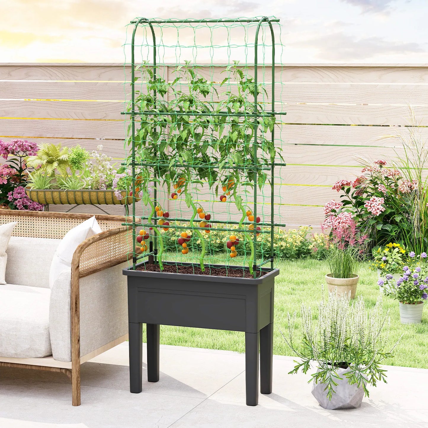 Raised Garden Bed Planter With Climbing Trellis Water Level Indicator
