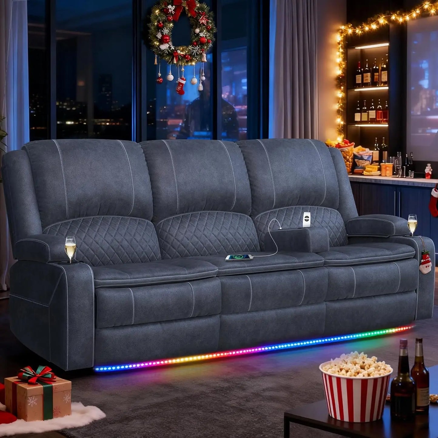 3 Seat Recliner Sofa With Console USB Ports And Cupholders