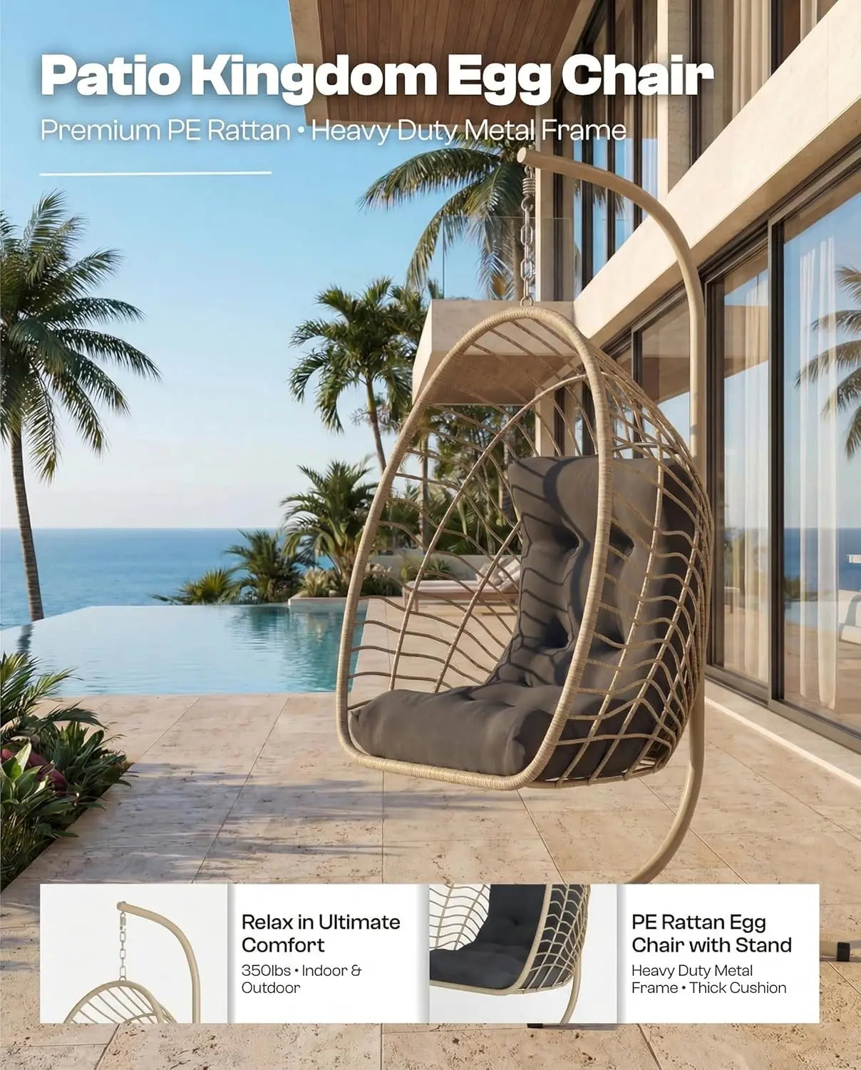 PE Rattan Egg Chair With Stand Heavy Duty Metal Frame