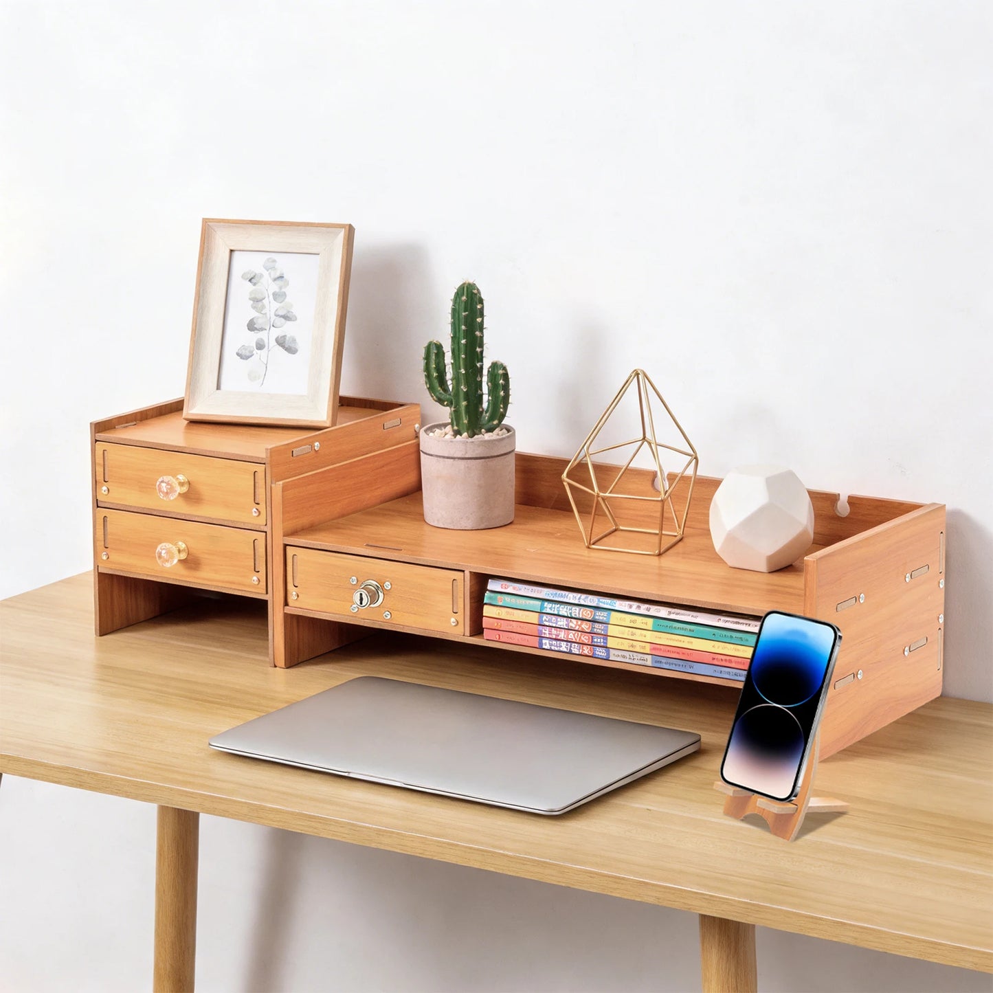 Bymaocar Wooden Monitor Stand With Lockable Drawer Storage Desk Organizer