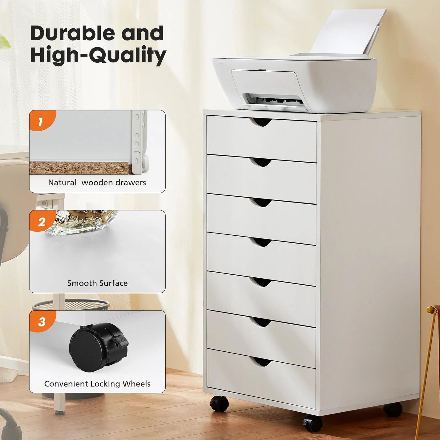 JHK 7 Drawer Chest Nightstand With Rolling Wood Storage Cabinet
