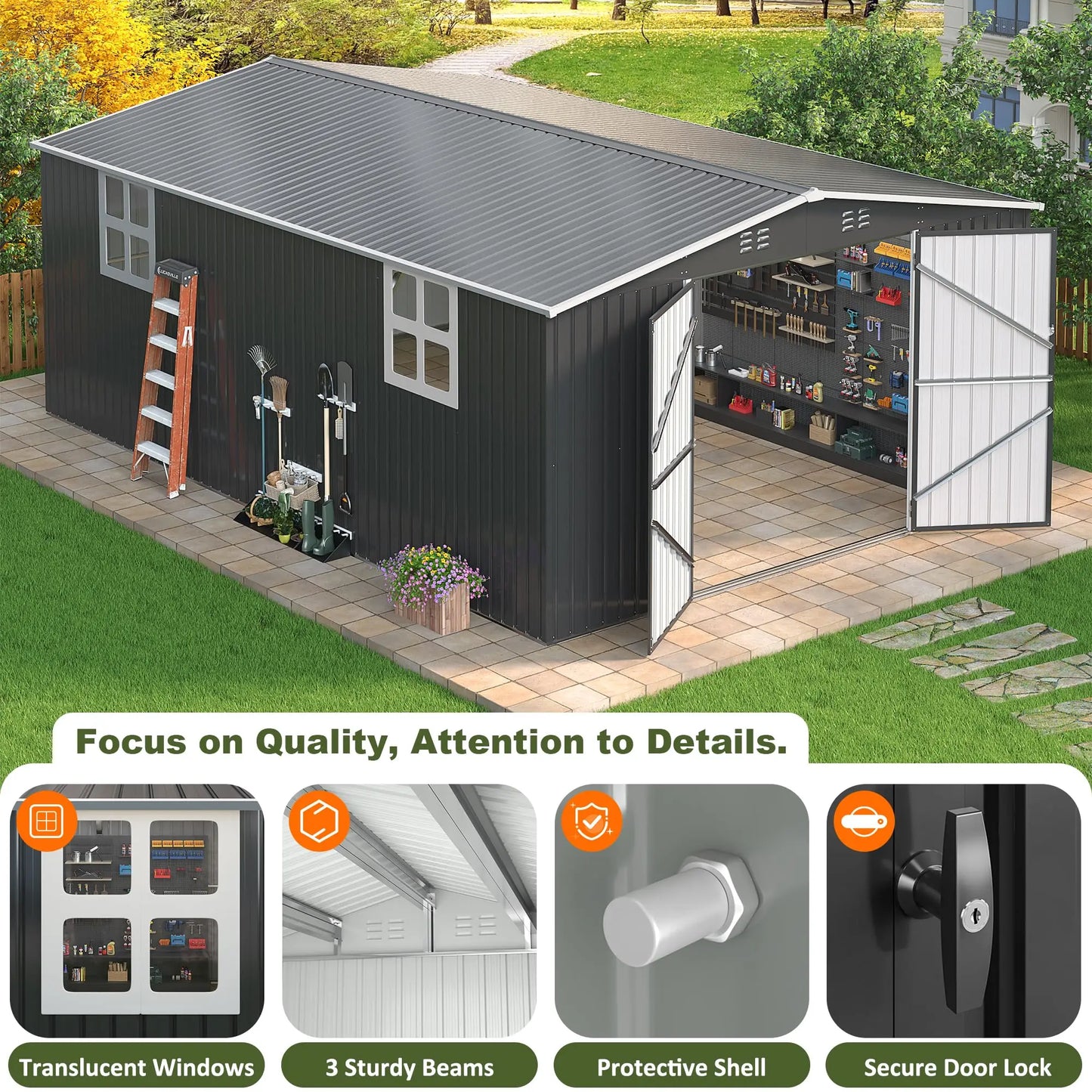 VIWAT Outdoor Metal Storage Shed With Lockable Door Heavy-Duty Frame